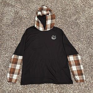 Black Hoodie/Brown Flannel Pattern on sleeves